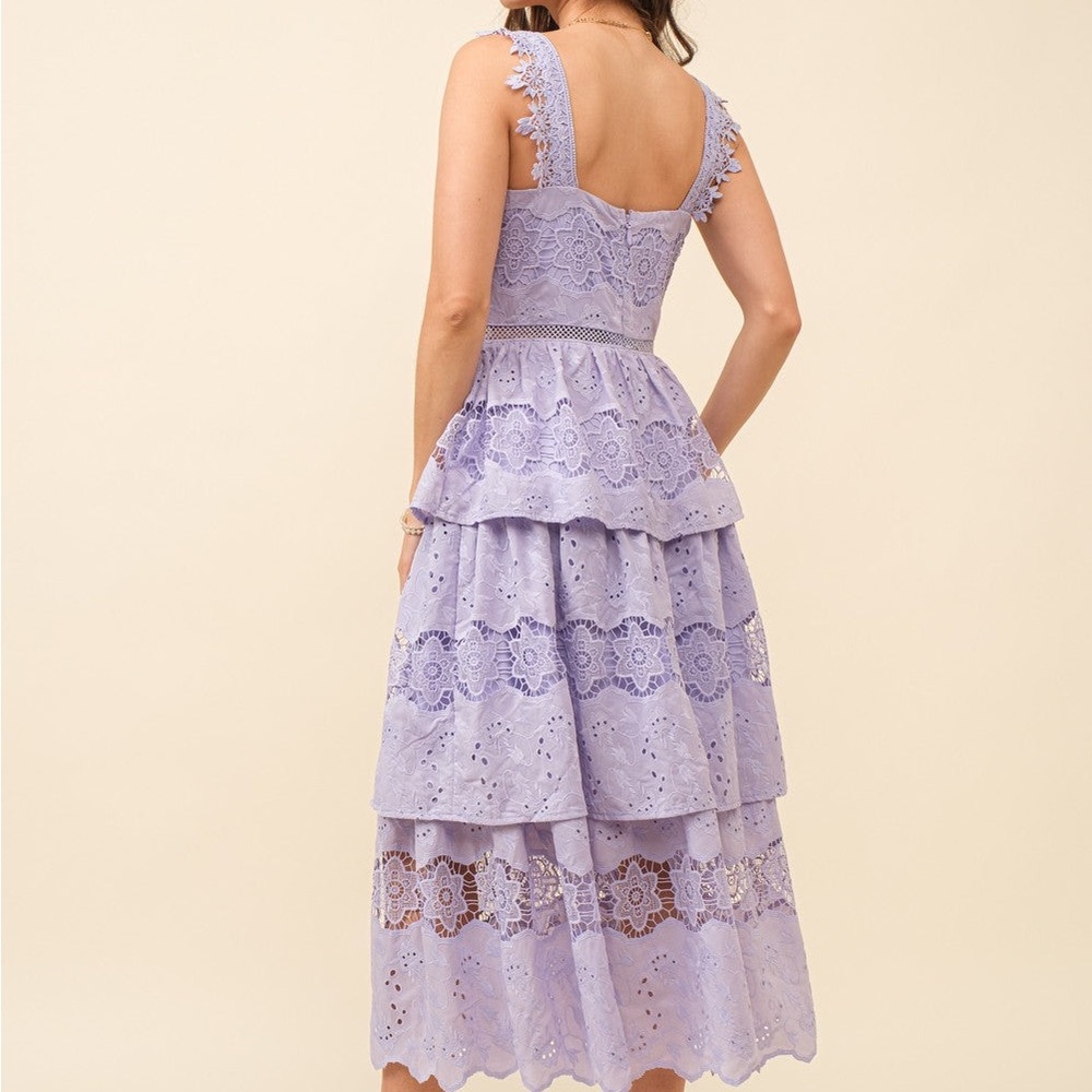 Just Me Lilac Lavender Eyelet Lace Midi 3 Tiered Dress - Picture 3 of 13